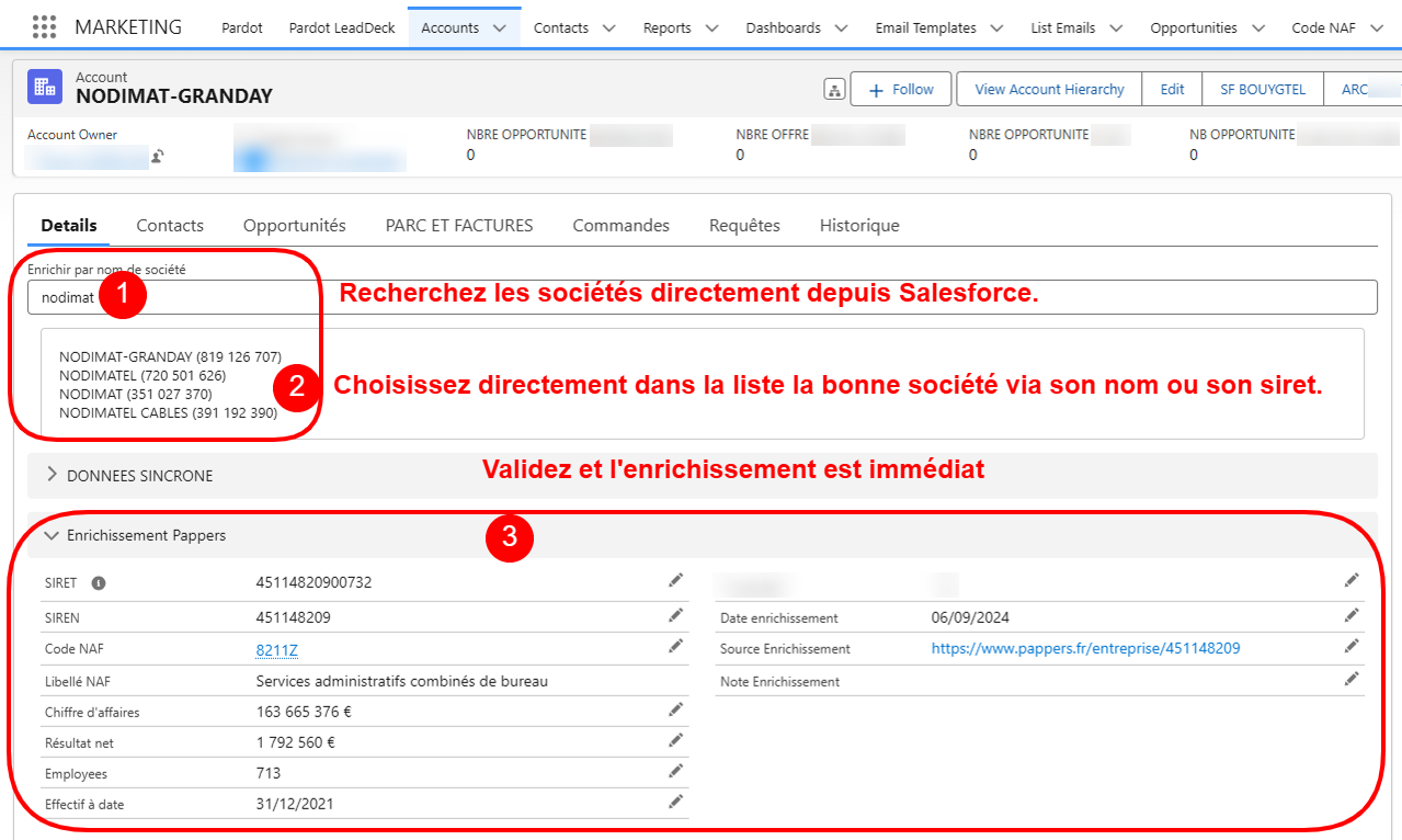 Recherche societe compte despuis Salesforce