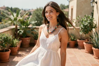 Jeune femme portant un collier et des boucles d'oreilles en perles colorées avec une robe en lin blanc sur une terrasse méditerranéenne ensoleillée