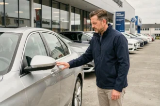 Un homme inspecte une berline allemande dans un grand centre automobile en Allemagne, évaluant la qualité de la carrosserie avant un achat transfrontalier