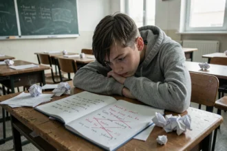 Adolescent découragé assis seul dans une salle de classe vide, tête posée sur ses bras, entouré de cahiers froissés avec des mauvaises notes en rouge, illustrant l'échec scolaire