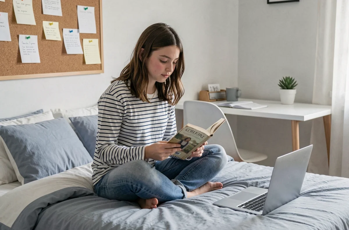 Adolescente lisant un livre dans sa chambre avec un ordinateur fermé posé sur son bureau, illustrant l'équilibre entre écrans et activités hors connexion