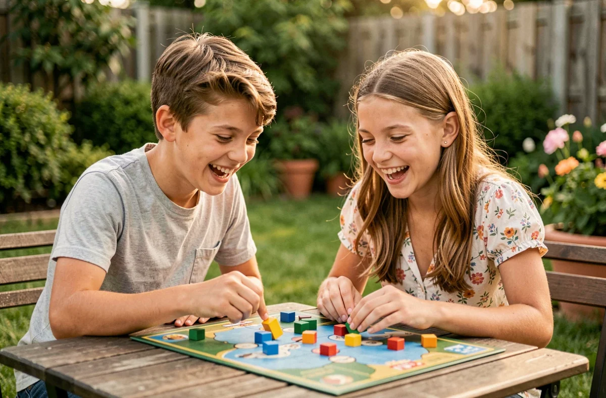Deux jeunes adolescents jouant à un jeu de société dans un jardin sans écrans, illustrant les activités alternatives saines pour limiter le temps d'écran des enfants