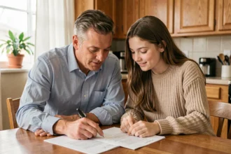 Un homme et sa belle-fille adolescente révisent ensemble des documents d'adoption autour d'une table en bois dans une cuisine familiale chaleureuse