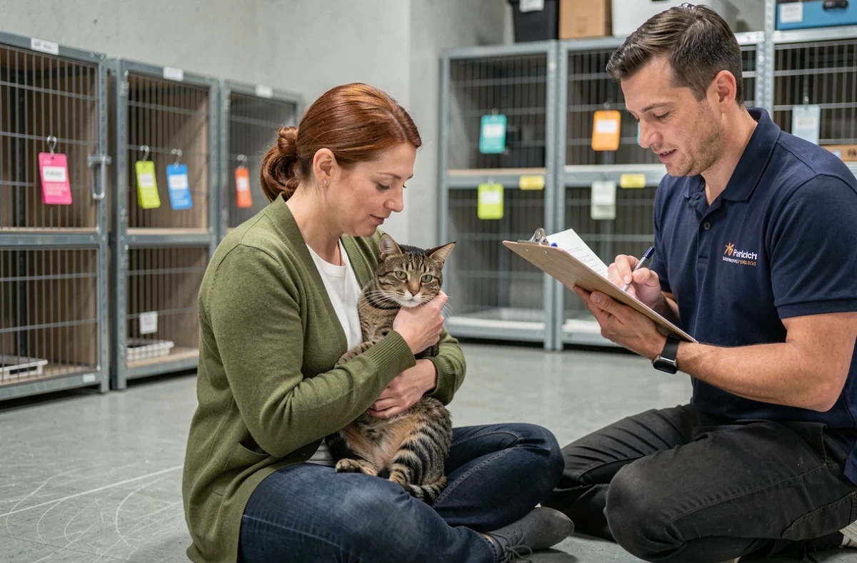 Femme adoptant un chat dans un refuge animalier avec l'aide d'un employé