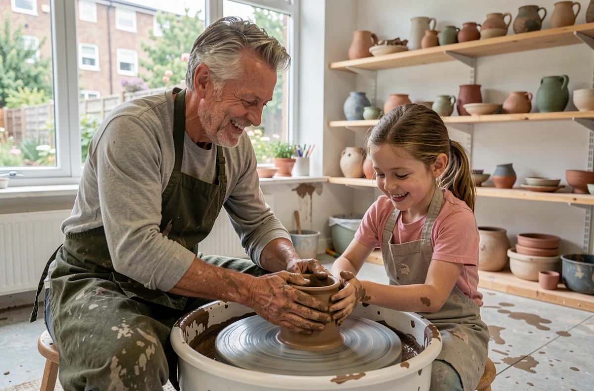 Homme adulte aidant une jeune fille à modeler un vase en argile sur un tour de poterie dans un atelier artistique communautaire