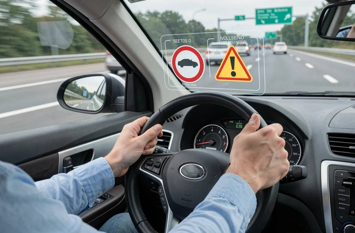 Affichage tête haute sur pare-brise d'une voiture familiale avec avertissement de collision et reconnaissance des panneaux