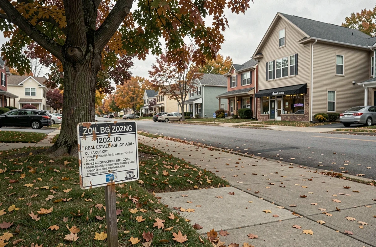 Affiche de zonage municipal sur un piquet dans un quartier résidentiel mixte en automne