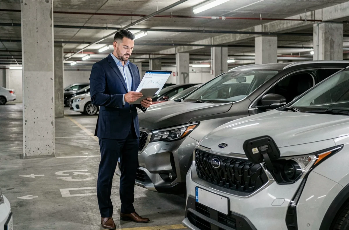 Agent d'assurance examinant un rapport télématique sur tablette dans un parking urbain