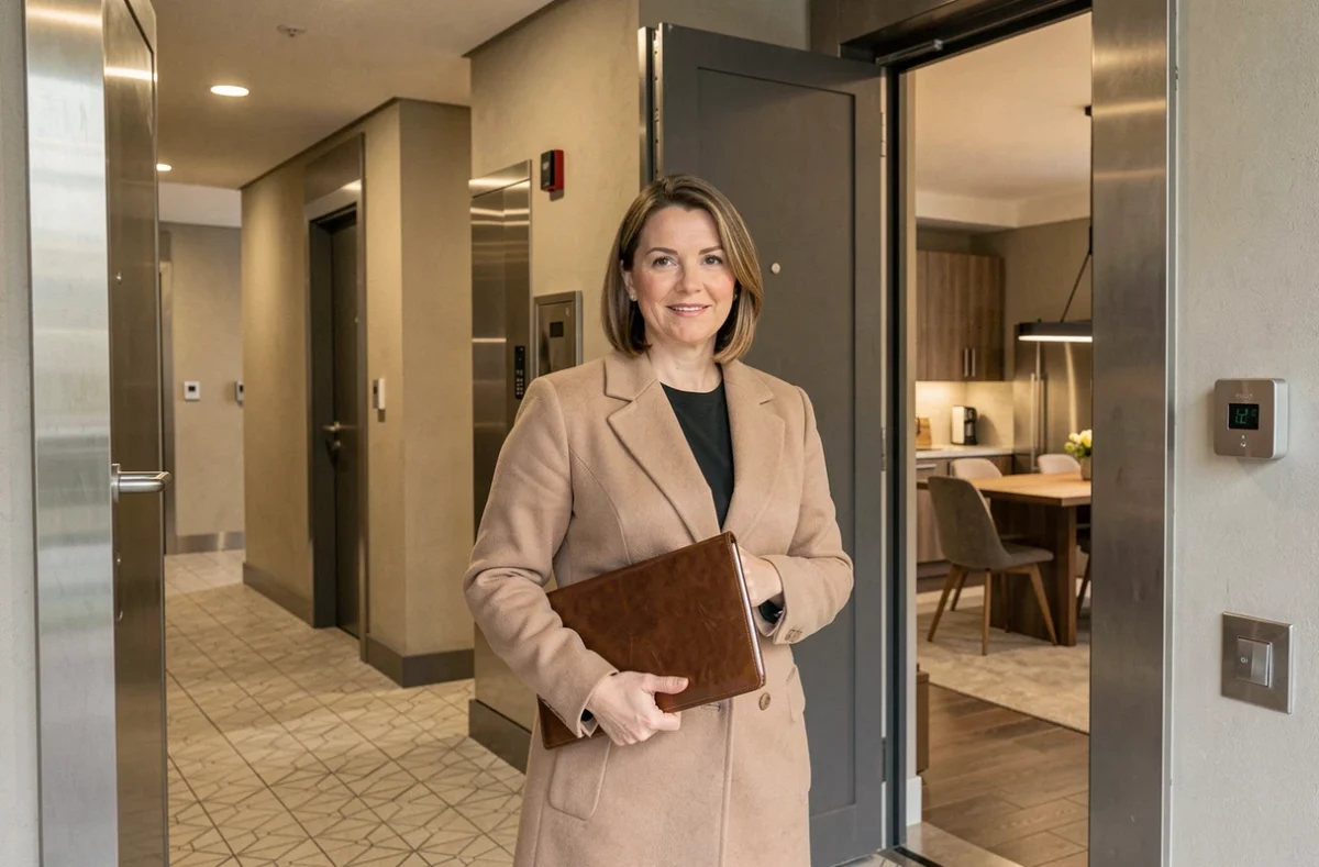 Agente immobilière devant un studio rénové dans un immeuble résidentiel moderne, portfolio en main