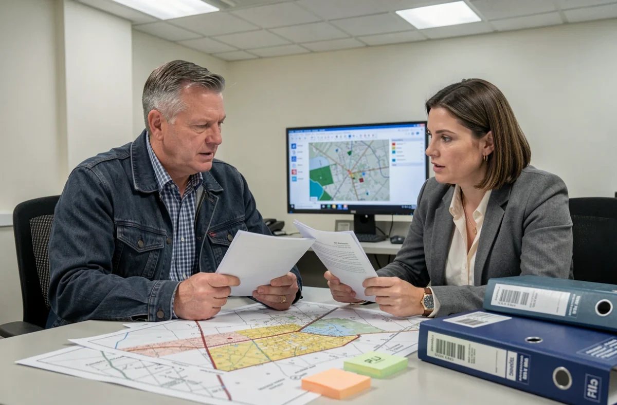 Deux agents municipaux comparant un plan de zonage et un PLU dans un bureau administratif de mairie