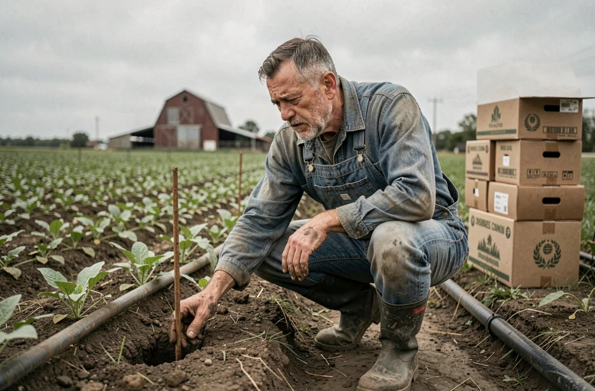 Agriculteur biologique examinant la terre dans ses champs, symbolisant les tensions entre rentabilité économique et agriculture durable
