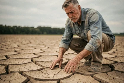 Agriculteur âgé examinant une terre agricole craquelée et asséchée en période de sécheresse
