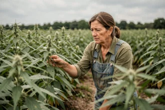 Agricultrice examinant des tiges de chanvre dans un champ agricole en France, illustration de la culture du chanvre industriel