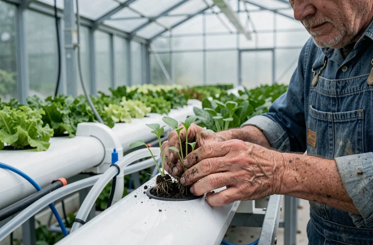 Agriculteur plantant des jeunes pousses dans un système hydroponique en serre commerciale moderne, agriculture hors-sol