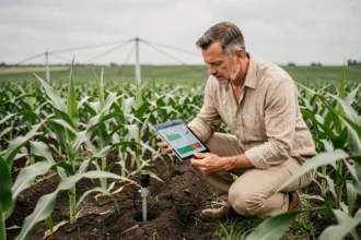 Agronome analysant des données de capteurs de sol dans un champ de maïs cultivé avec précision, agriculture numérique moderne