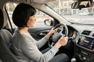 Conductrice dans une voiture abordable avec système d'aide à la conduite affiché sur le tableau de bord