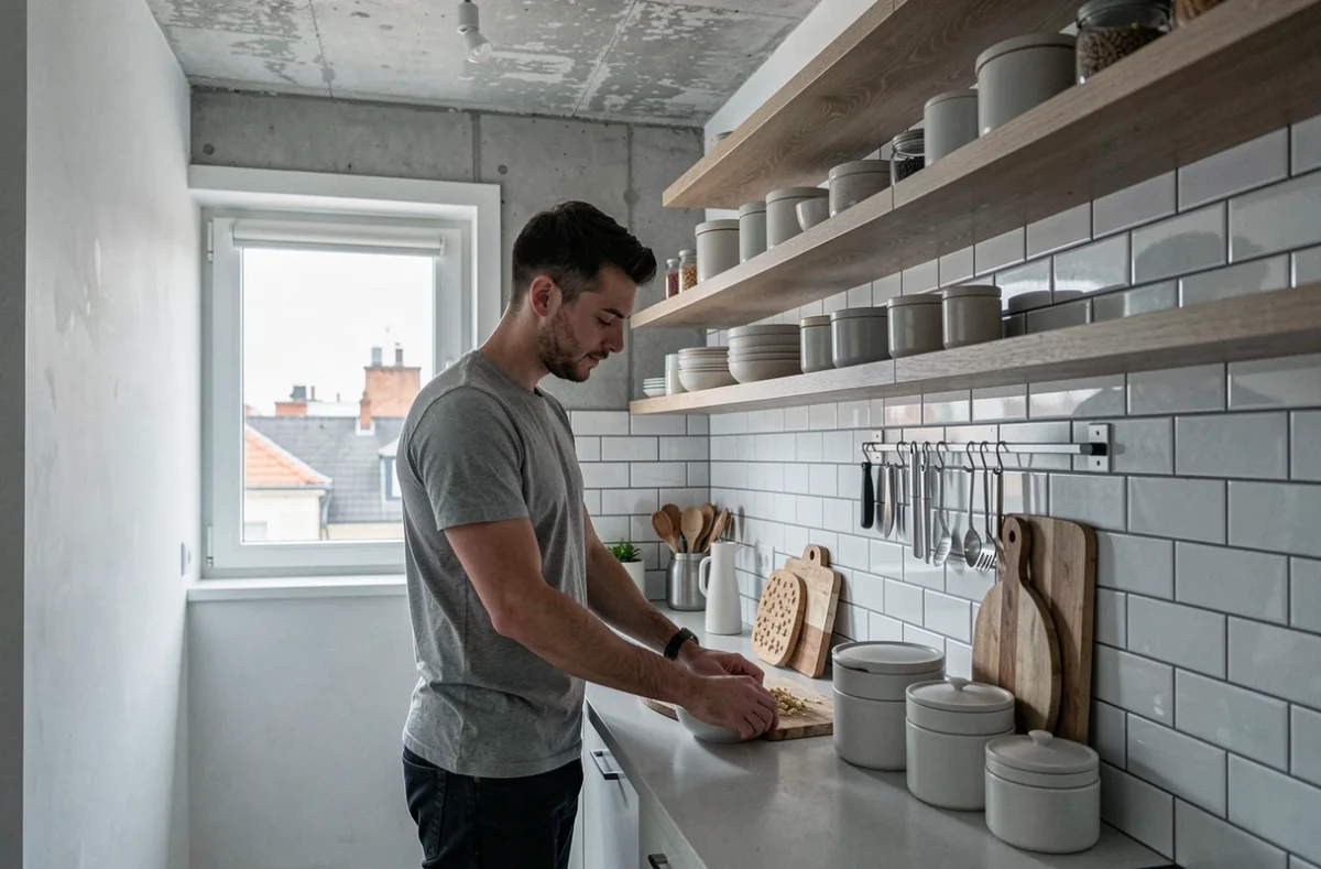 Homme organisant une cuisine étroite avec des étagères flottantes en bois dans un petit appartement urbain