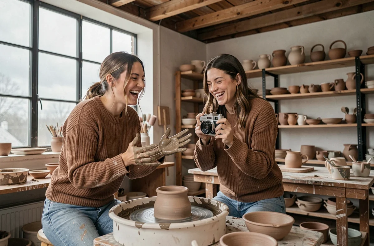 Deux amies découvrant la poterie ensemble dans un atelier artisanal pour sortir de la routine