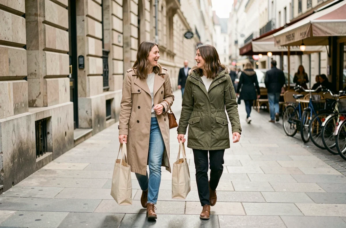 Deux amies marchant ensemble en ville sur un trottoir, illustrant les bienfaits sociaux et physiques de la marche quotidienne