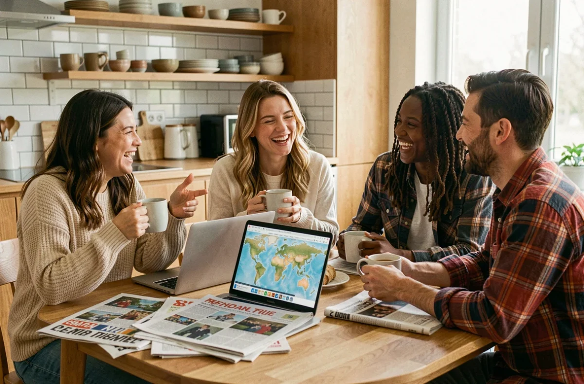 Groupe d'amis adultes discutant autour d'un petit-déjeuner dans une cuisine moderne avec journaux et carte du monde sur ordinateur portable