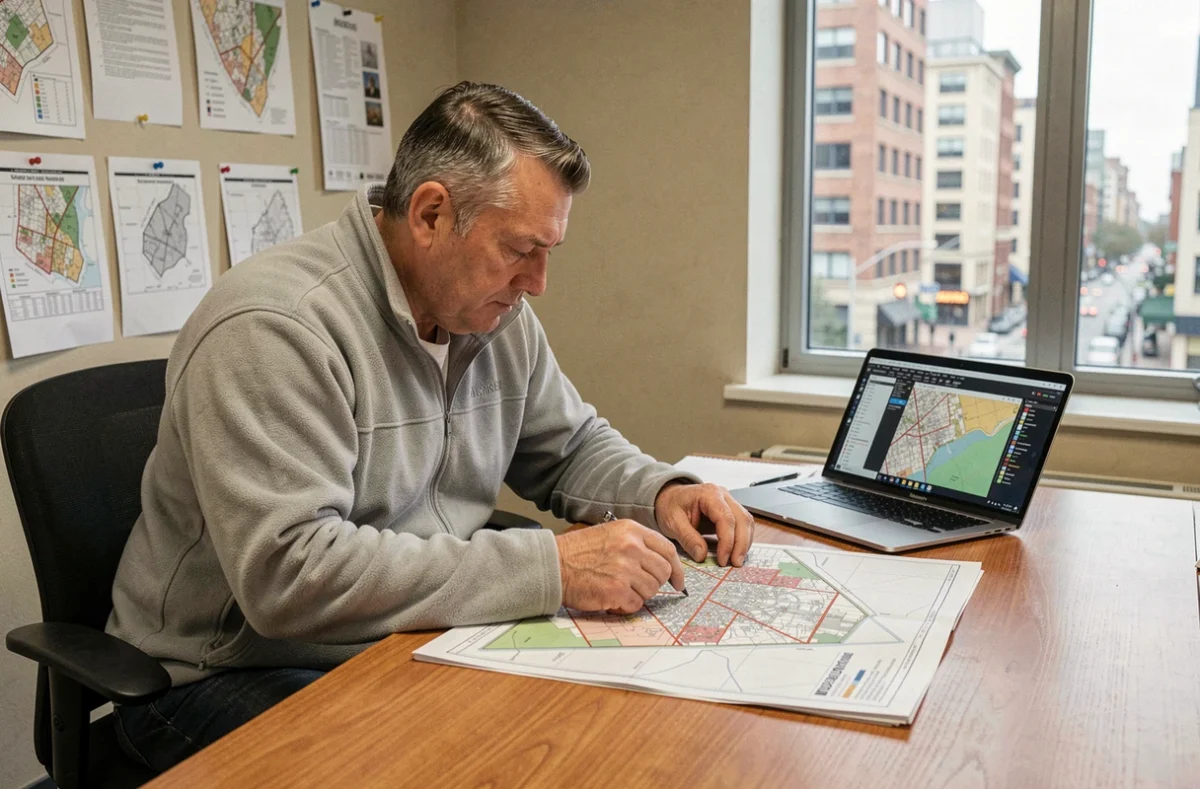 Géographe urbain analysant une carte cadastrale dans un bureau municipal pour définir les zones urbaines et les périmètres réglementaires