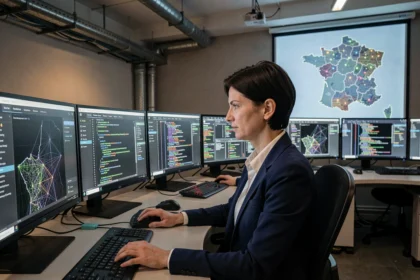 Analyste en cybersécurité gouvernementale surveillant des réseaux numériques dans un centre opérationnel en France