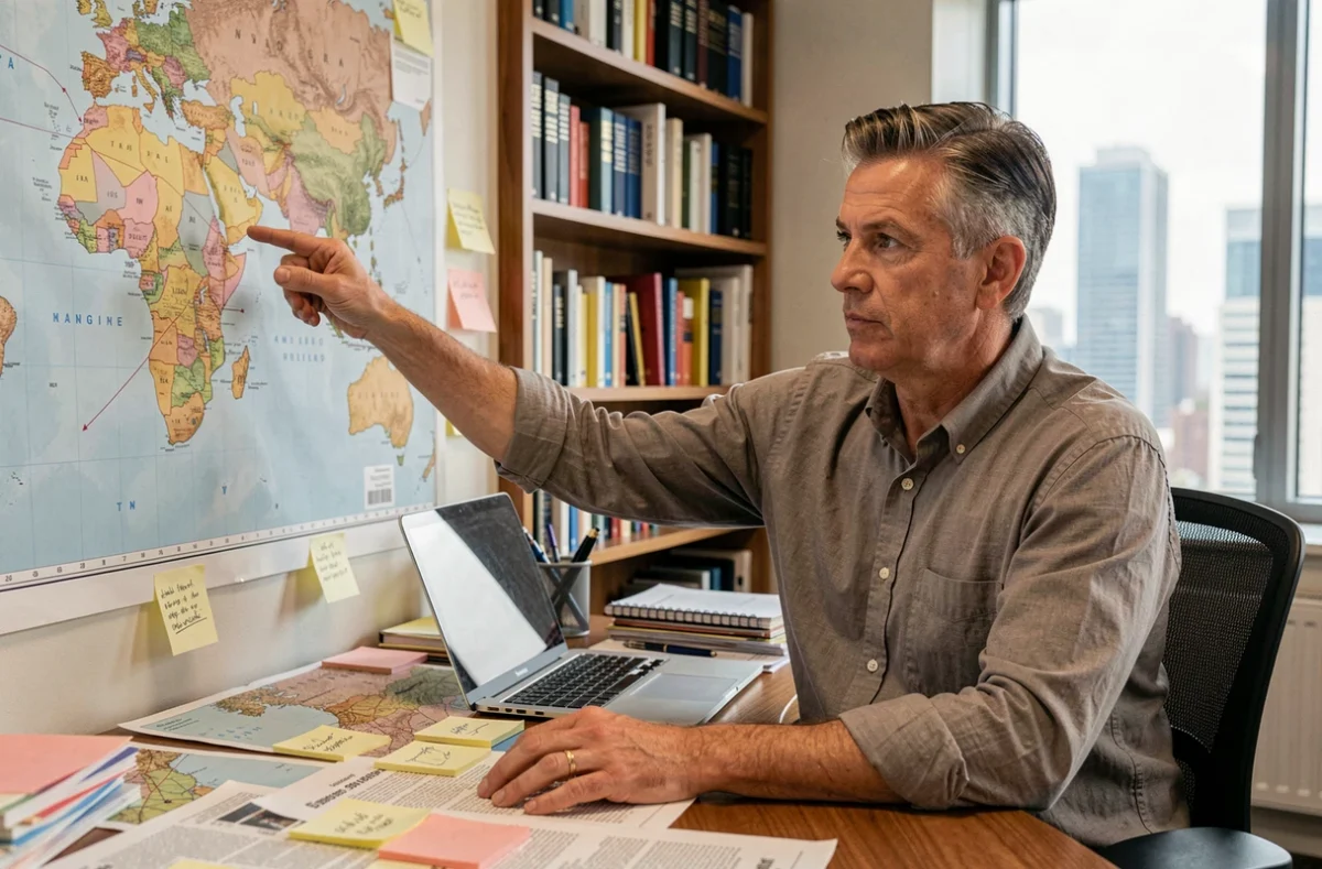 Analyste géopolitique étudiant une carte du monde dans un bureau de recherche en politique internationale