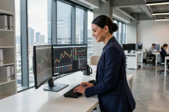 Femme analyste en blazer marine étudiant des graphiques économiques sur des écrans dans un bureau moderne avec vue sur la ville