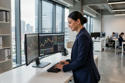 Femme analyste en blazer marine étudiant des graphiques économiques sur des écrans dans un bureau moderne avec vue sur la ville