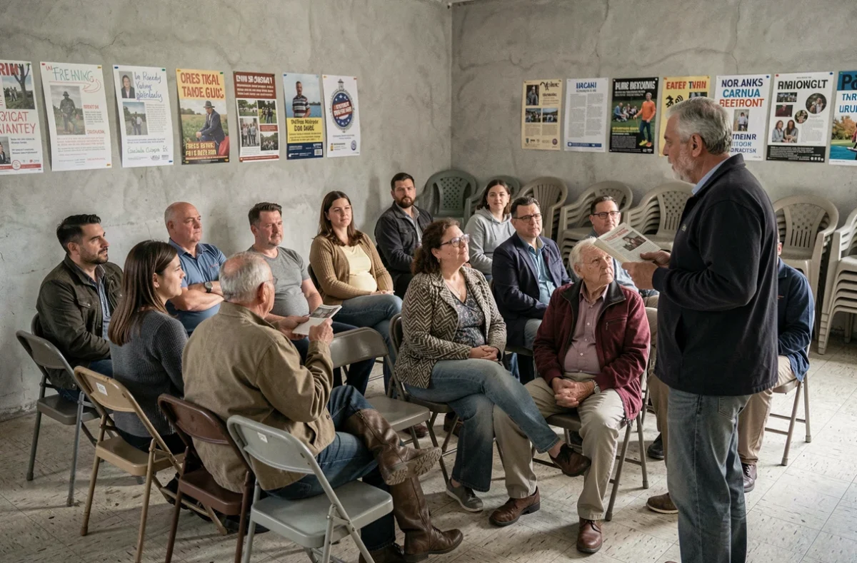 Animateur d'un club de lecture présentant un roman devant un public de participants dans une salle communautaire locale