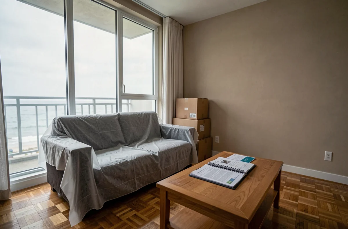 Appartement côtier en résidence secondaire avec canapé recouvert d'une housse et documents immobiliers sur la table