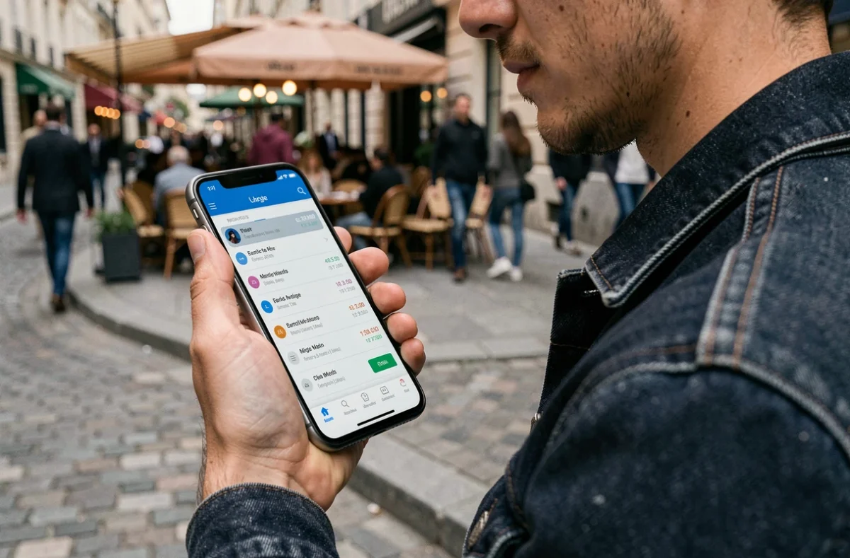 Jeune homme consultant son application bancaire sur smartphone avec des frais affichés