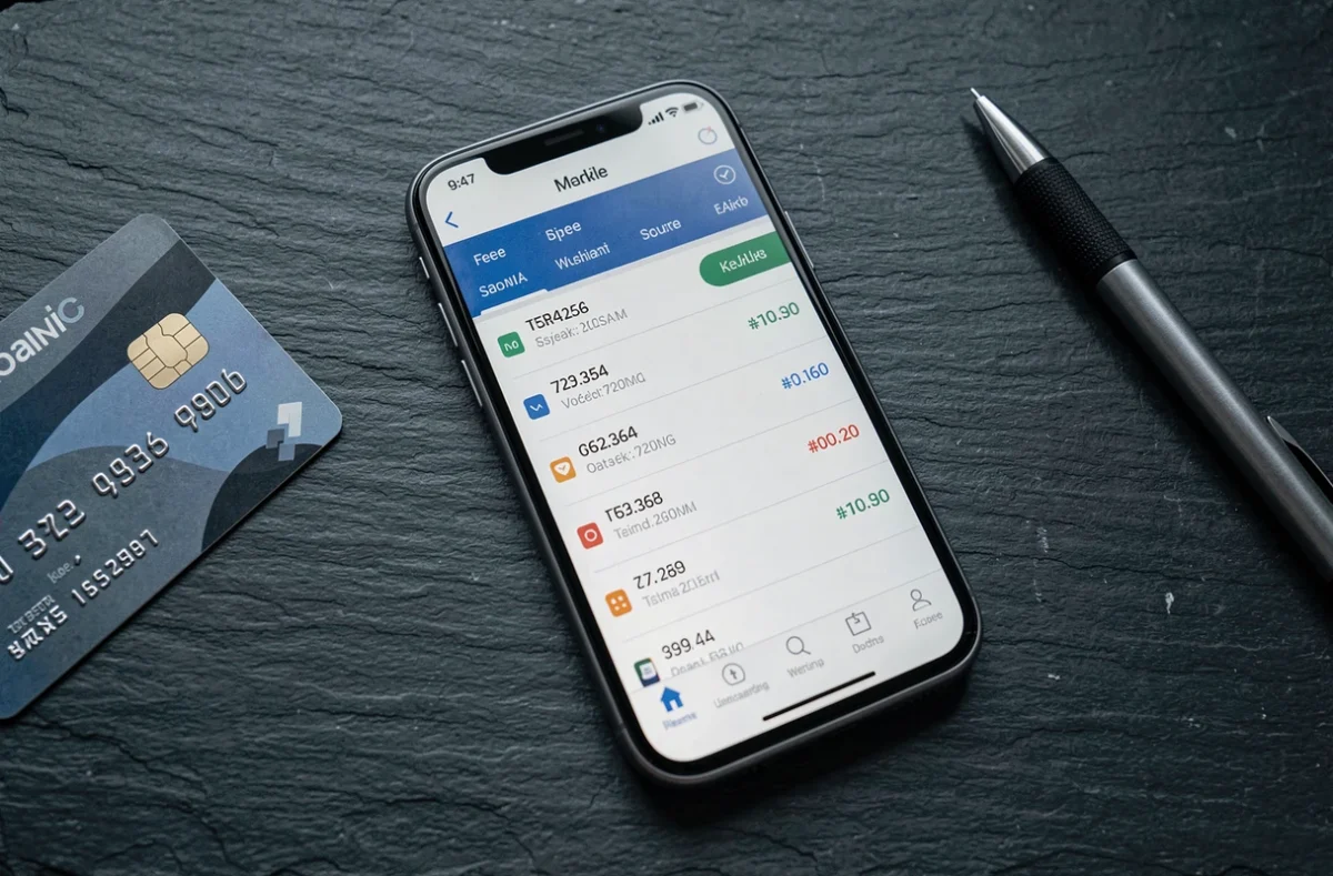 Application bancaire sur smartphone affichant des frais de transaction avec carte de crédit