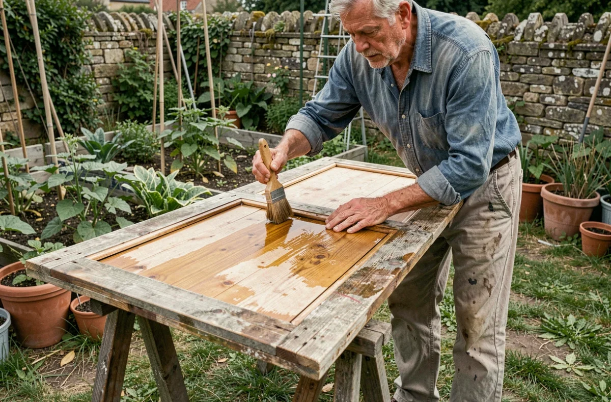 Homme enduisant un volet en bois démonté d'huile de lin avec une brosse naturelle dans un jardin, entretien sans produits chimiques