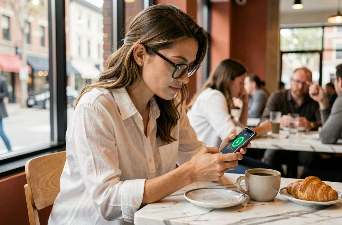 Femme consultant l'application VPN de son smartphone dans un café urbain