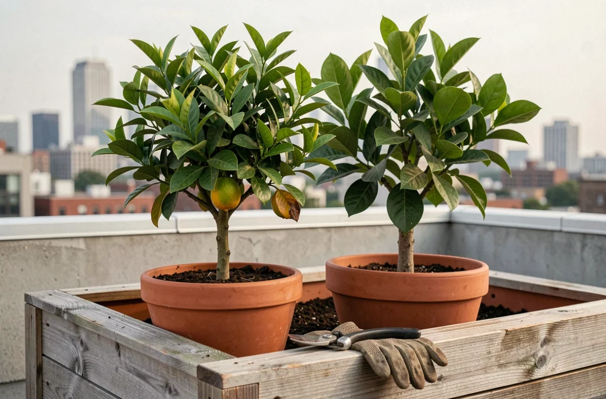 Arbres fruitiers nains en pots sur une terrasse urbaine avec vue sur la ville en arrière-plan