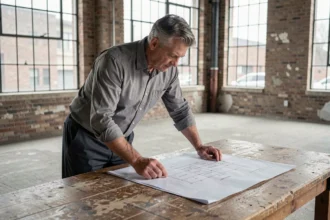 Architecte examinant des plans de conversion d'un local commercial en logement dans un espace vide aux murs en briques apparentes