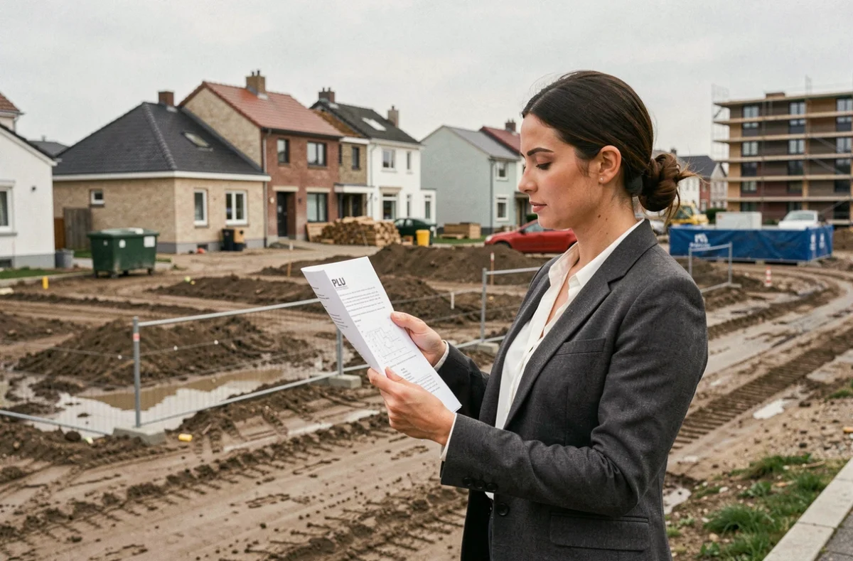 Architecte tenant un document PLU sur un chantier résidentiel en cours de construction dans une zone urbaine