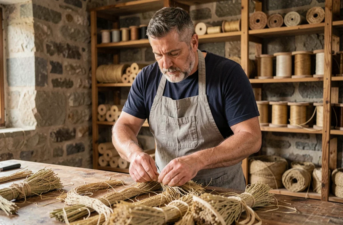 Artisan travaillant des fibres de chanvre brutes dans un atelier de transformation artisanale, mise en valeur du chanvre comme matière première