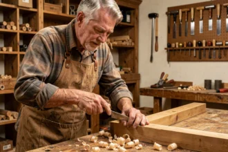 Artisan menuisier travaillant le bois dans son atelier traditionnel, illustrant le métier d'artisan qualifié