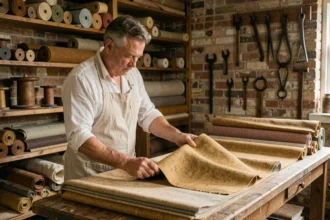 Artisan textile du XIXe siècle inspectant un tissu dans un atelier historique, évoquant les origines des premières marques de vêtements
