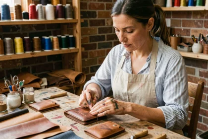 Artisane cousant un portefeuille en cuir dans son atelier fait maison, illustrant l'économie créative et les vendeurs indépendants sur Etsy