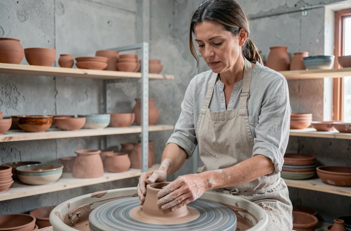 Artisane céramiste façonnant une pièce en argile sur un tour, représentant le savoir-faire artisanal reconnu