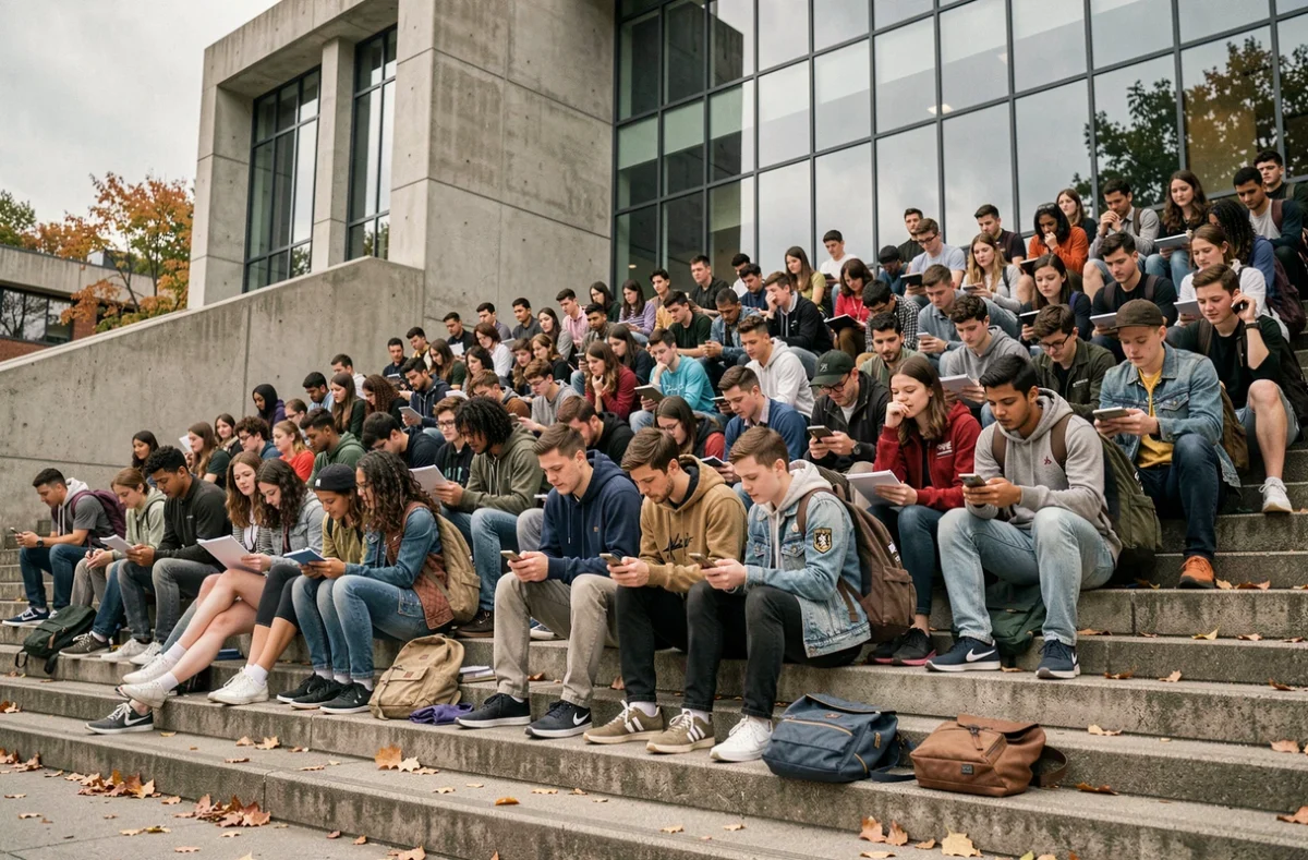 Assemblée générale étudiante improvisée sur les marches d'un bâtiment universitaire moderne en béton