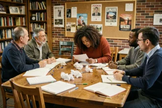 Groupe de participants à un atelier d'écriture dans un centre communautaire de quartier, assis autour d'une table avec des cahiers et des stylos