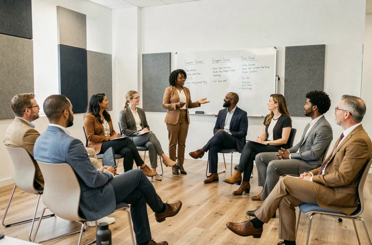 Formatrice animant un atelier sur la diversité et l'inclusion pour des employés dans une salle de formation en entreprise