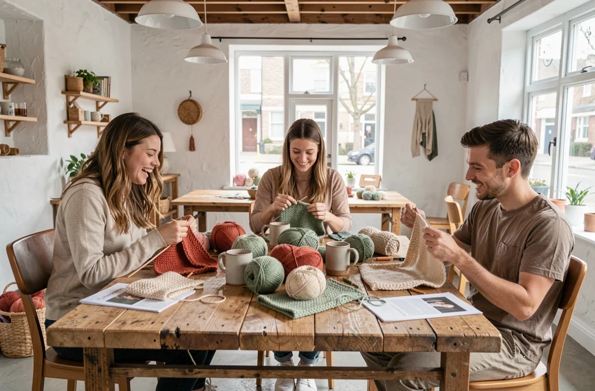 Groupe de jeunes adultes participant à un atelier de tricot autour d'une table en bois avec pelotes de laine colorées