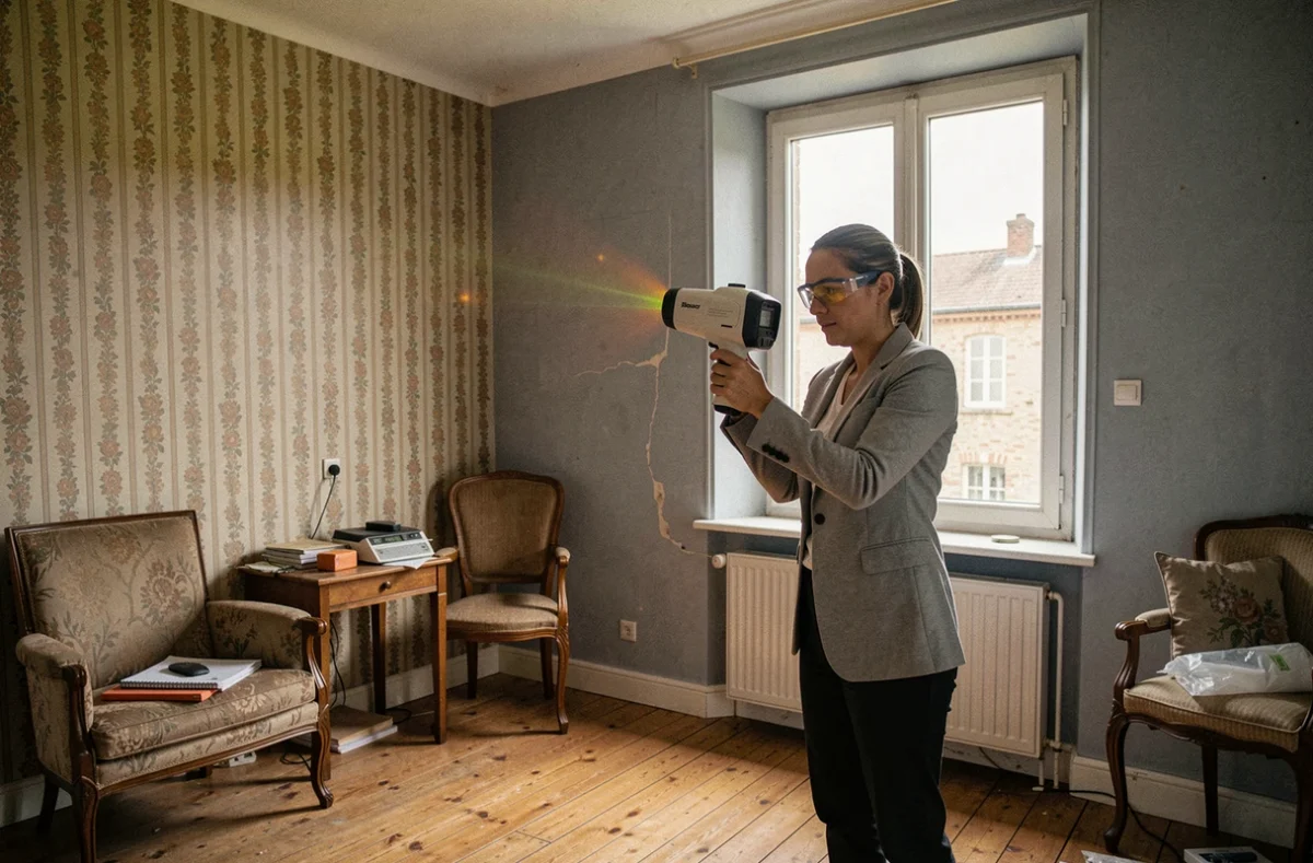 Auditrice énergétique réalisant un diagnostic thermique avec une caméra infrarouge dans une maison ancienne avant rénovation