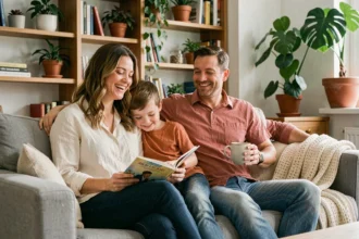 Famille recomposée heureuse dans un salon chaleureux, femme avec son enfant et son nouveau partenaire partageant un moment de complicité