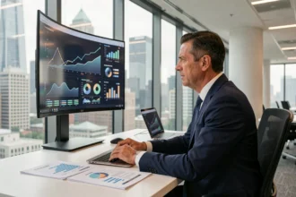 Analyste financier en costume marine étudiant des graphiques de données sur un grand écran courbe dans un bureau moderne avec vue sur la ville